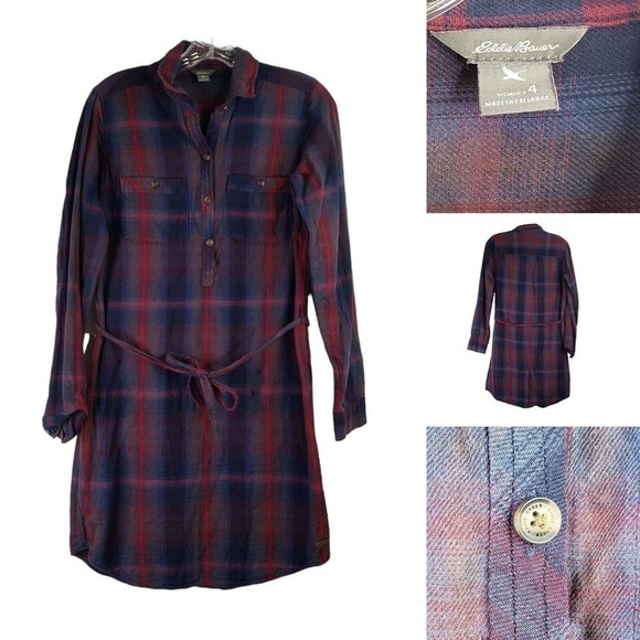 Eddie Bauer Dress Flannel Cotton Women's Medium Button Front Tie Purple LS - Picture 1 of 10